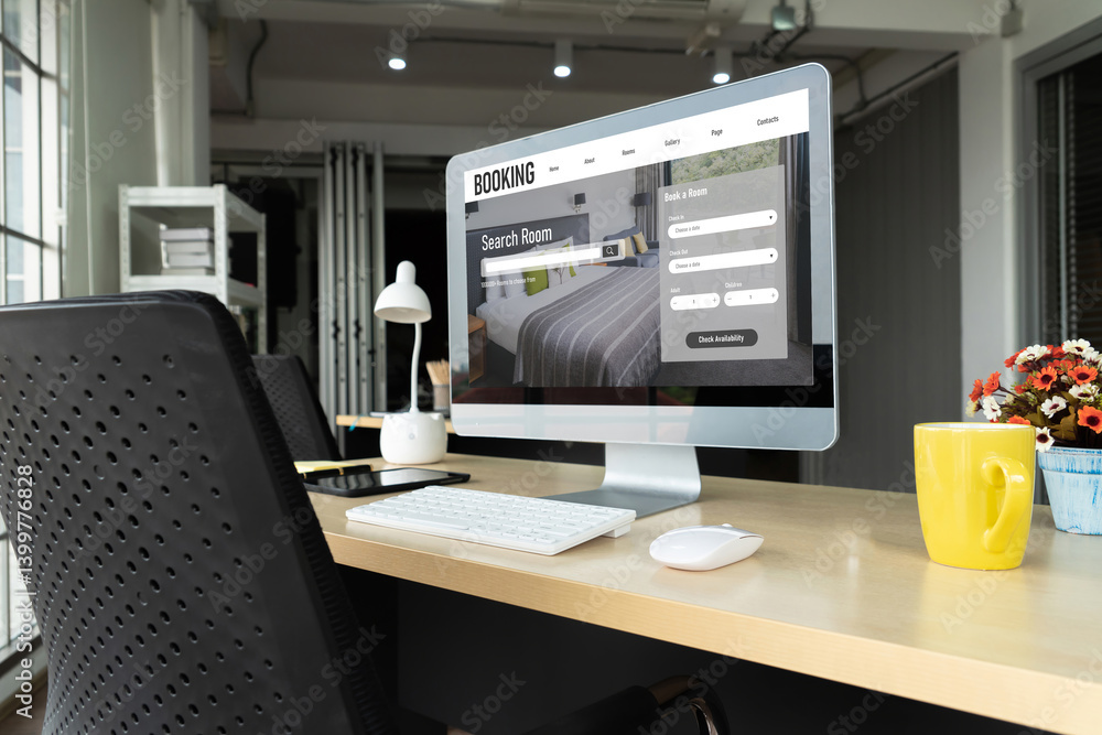 Online hotel accommodation booking website provide modish reservation system . Travel technology concept . Online hotel accommodation booking website provide modish reservation system . Travel technology concept .