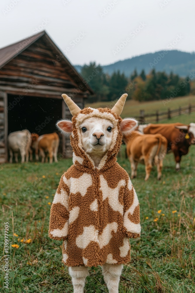 Naklejka premium An alpaca wearing a cow costume in a field.