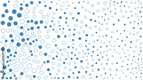 Blue and white abstract pattern of varying circle sizes scattered across a light background, creating a sense of movement and depth.