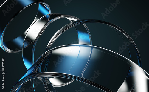 Fototapeta Naklejka Na Ścianę i Meble -  Abstract dark green 3d background with glass transparent circle rings. Crystal geometric shapes with light refraction, flare and blue gradient. Futuristic tunnel, render digital tech. 3D illustration