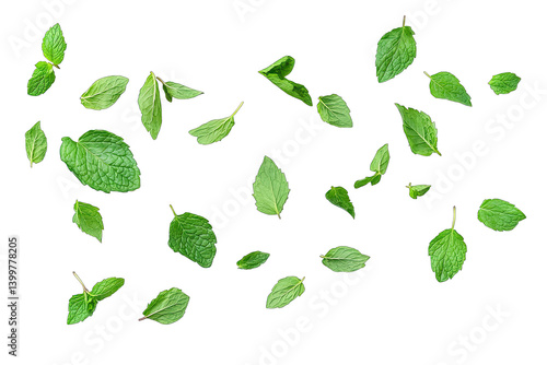 fresh mint leaves scattered on a white background emphasizing their vibrant green color and natural texture ideal for culinary or decorative use