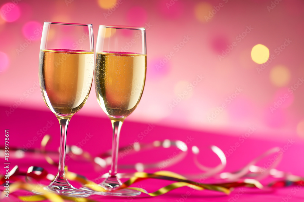 Two elegant glasses of champagne resting on a table with a soft pink background, exuding a celebratory atmosphere. Two elegant glasses of champagne resting on a table with a soft pink background, exuding a celebratory atmosphere.