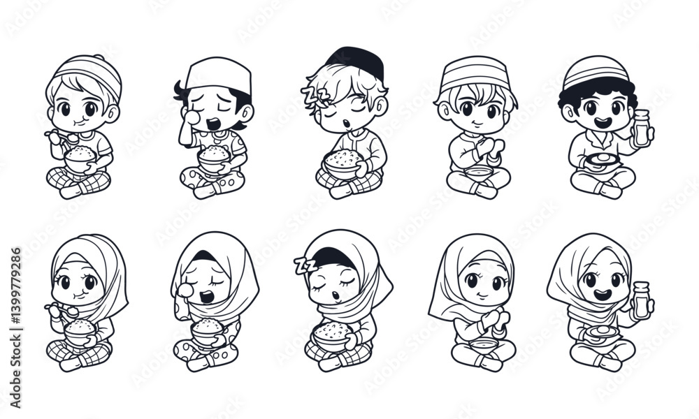 Kids character fasting activity outline vector illustration set Kids character fasting activity outline vector illustration set