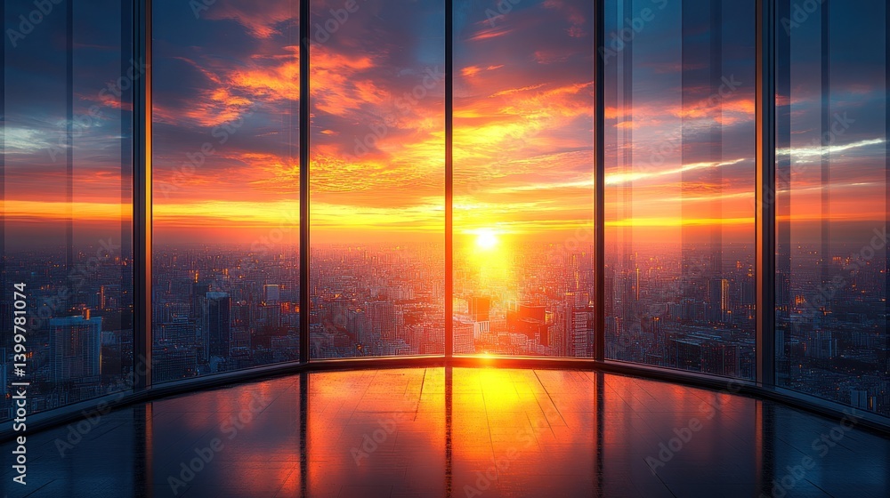 Fototapeta premium Spectacular Sunset Over Cityscape Viewed From Panoramic Windows