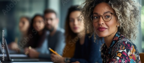 Confident woman at team meeting, colleagues blurred background, business