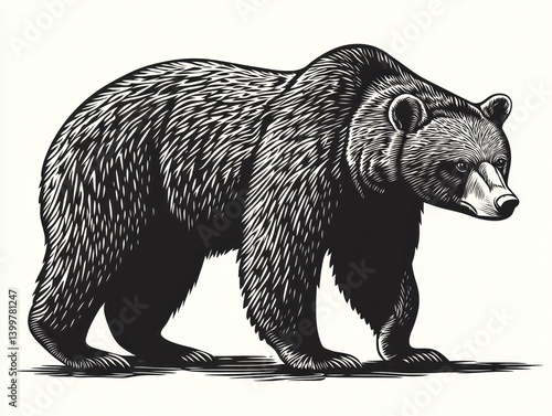 Grizzly bear illustration, wildlife, forest background, nature art, design