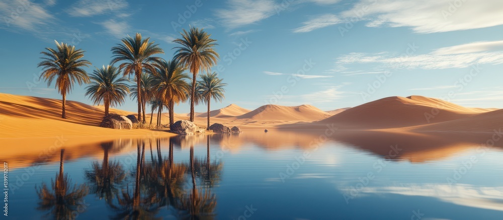 Oasis palms reflect in desert lake; tranquil scene Oasis palms reflect in desert lake; tranquil scene