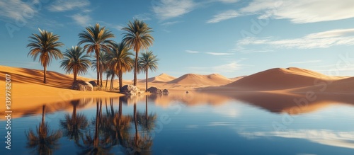 Oasis palms reflect in desert lake; tranquil scene