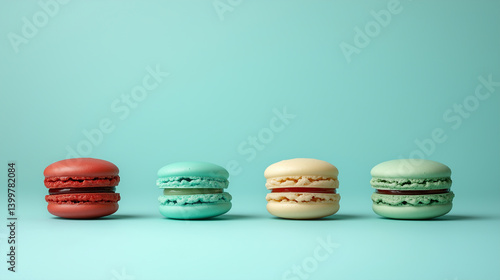 Four colorful French macarons arranged neatly in a row together.