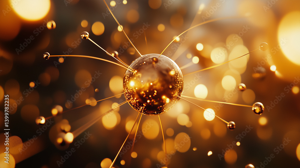 Obraz premium Macro image of atoms colliding in golden light, each spark forming elements of creation.