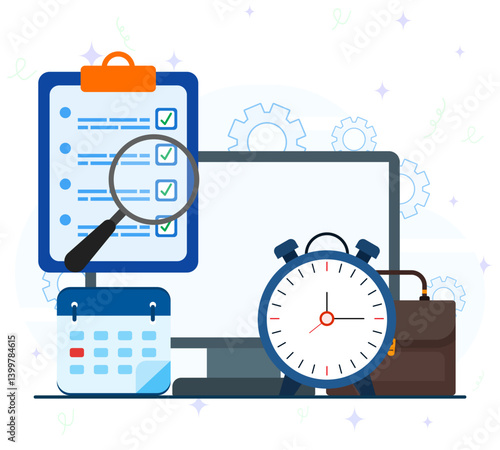 Working Hours Concept. Computer with clock, calendar, task document, magnifying glass and briefcase. Time management, work deadlines or work time planning. 
