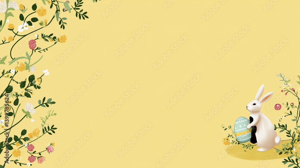 Fototapeta premium A cheerful lemon-yellow pastel backdrop with a cute bunny holding an Easter egg at the bottom right corner and a delicate floral vine arching from the top left. The wide open space in the center makes