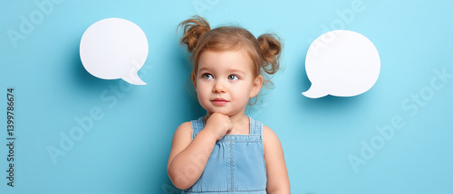 curious toddler in blue dress stands against light blue background pondering with thoughtful expression surrounded by speech bubbles