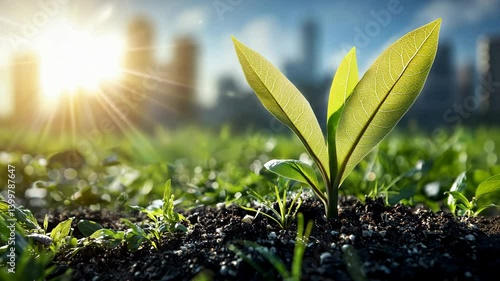 Green Sprout Growing in Soil with Sunlight and City Skyline in Background