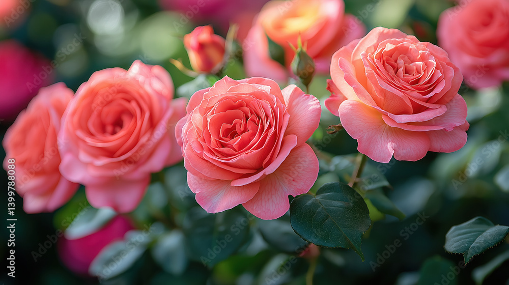 Beautiful pink roses in full bloom surrounded by lush green foliage, creating tranquil and vibrant garden scene. soft petals and vivid colors evoke sense of serenity and natural beauty Beautiful pink roses in full bloom surrounded by lush green foliage, creating tranquil and vibrant garden scene. soft petals and vivid colors evoke sense of serenity and natural beauty