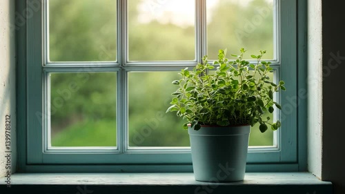 Growing greenery potted herb plant by a window natural light indoor environment peaceful atmosphere