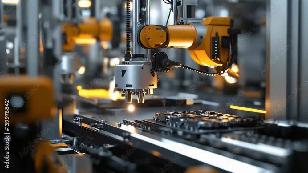 Robotic arms meticulously assemble electronic components in a high-tech manufacturing facility. The environment is industrial, filled with advanced machinery and bright lights Robotic arms meticulously assemble electronic components in a high-tech manufacturing facility. The environment is industrial, filled with advanced machinery and bright lights
