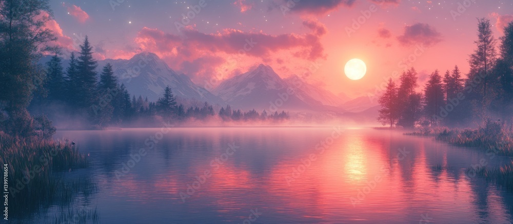 Obraz premium Misty Mountain Lake Sunrise Reflection