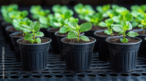 Young green seedlings in black plastic pots arranged neatly on perforated surface, thriving in controlled environment with vibrant leaves and rich soil