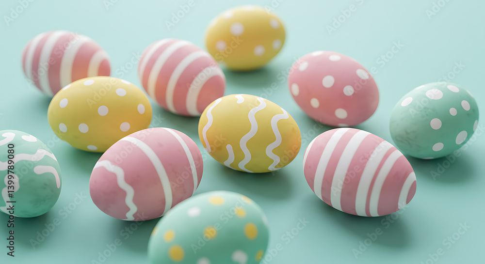 Fototapeta premium Pastel Patterned Eggs: Spring Celebration on Turquoise.