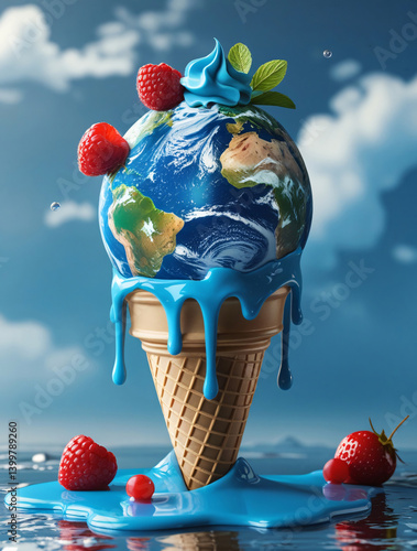 Surreal fantasy art of the Earth melting like ice cream with dripping blue glaze, whimsical representation of climate emergency, hyperreal textures and symbolic environmental message