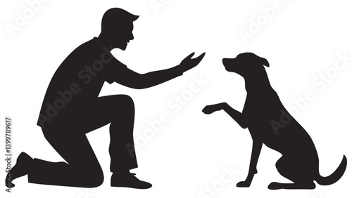 Man kneeling training dog silhouette art strong bond dark background simple graphic
