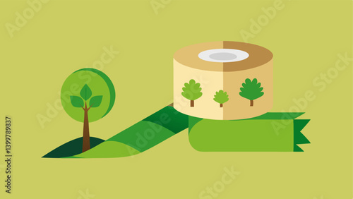 Green Packaging Tape An ecofriendly shipping tape made from recycled materials with a design of trees and leaves rolled up next to an open box.