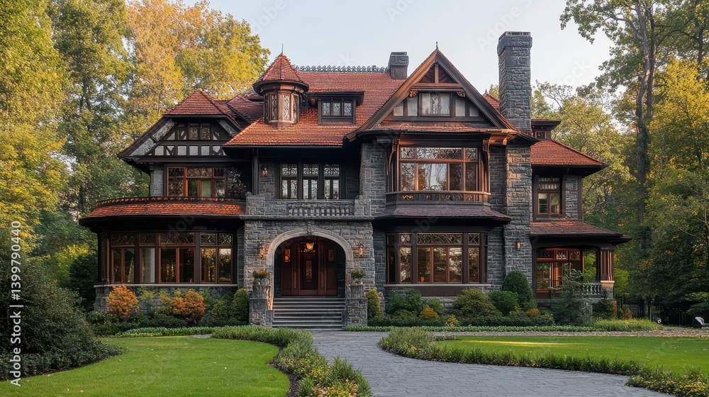 Elegant tudor mansion with lush gardens in tranquil forest setting Elegant tudor mansion with lush gardens in tranquil forest setting