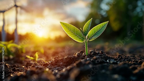 New Life Green Sprout Growing in Soil at Sunset with Wind Turbines in Background