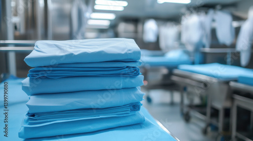 Obraz na płótnie A stack of neatly folded blue surgical linens is positioned on a table in a well-lit hospital operating room. Surrounding equipment and clothing create a sterile environment for medical procedures w salonie