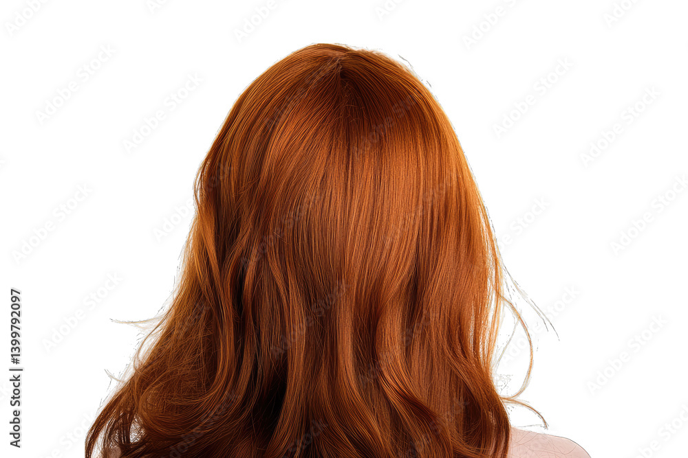 Fototapeta premium the back of a person?s head with long wavy vibrant red hair against a plain white background emphasizing the hair's texture and color