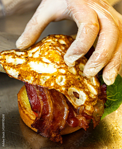 Fluffy pretzel bun with bacon, cheese, and greens.