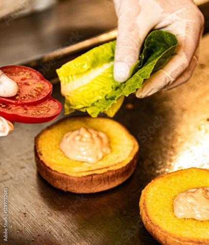 Ingredients for a burger being prepared on a grill.