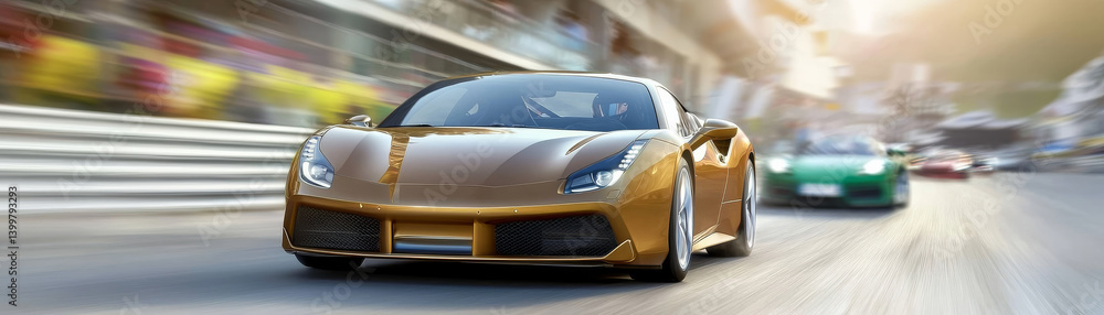 Fototapeta premium sleek, golden sports car races down track, showcasing its aerodynamic design and speed. blurred background emphasizes motion and excitement of race, capturing thrill of automotive competition