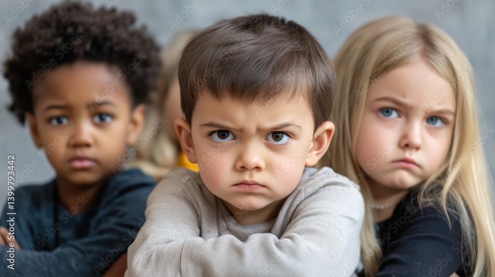 Group of angry and serious multiethnic children staring at camera Group of angry and serious multiethnic children staring at camera
