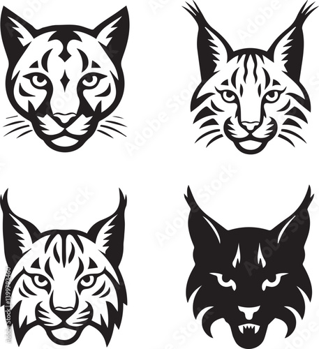 A vector silhouette logo set on a white background. There are various predatory wild cats, including a cougar with a fierce expression, a lynx with tufted ears, a bobcat with sharp features