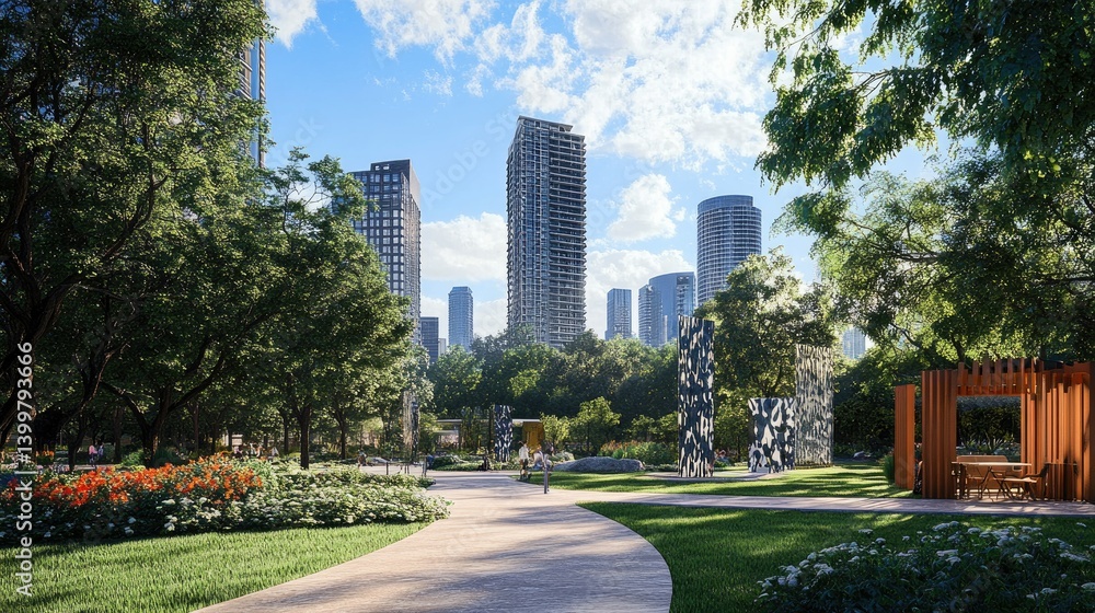 Urban park with modern high-rises in the background. Lush greenery, pathways, and seating areas create a peaceful oasis within the city Urban park with modern high-rises in the background. Lush greenery, pathways, and seating areas create a peaceful oasis within the city