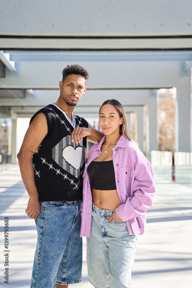 Naklejka premium Stylish couple posing under modern architecture