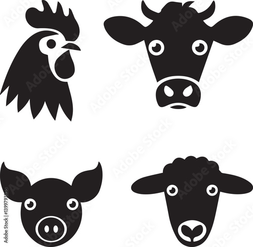 A set of vector silhouette logos featuring a cow face with big eyes, a pig head with ears, a sheep face with wool, and a rooster head with a comb.