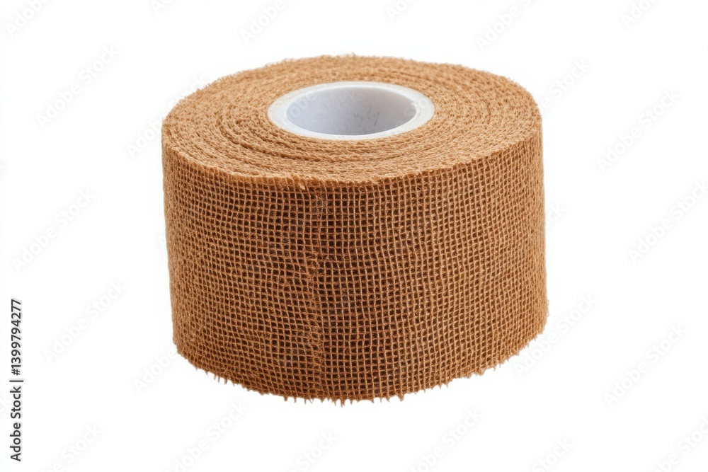 Close up of a roll of brown medical tape on a white surface in studio shot Close up of a roll of brown medical tape on a white surface in studio shot