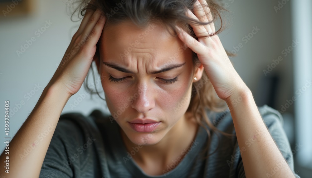 A young woman with a pained expression clutches her head, conveying deep frustration and emotional turmoil. The soft lighting accentuates her features, highlighting the tension in her brow and the A young woman with a pained expression clutches her head, conveying deep frustration and emotional turmoil. The soft lighting accentuates her features, highlighting the tension in her brow and the