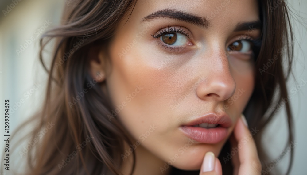 Obraz premium This stunning close-up captures a young woman with long, flowing hair and expressive brown eyes that draw you in. Her flawless skin glows softly, highlighting her natural beauty and inviting a sense