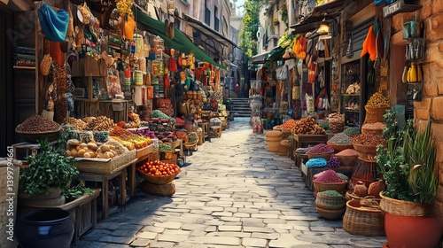 A vibrant street market with stalls selling handmade goods and exotic spices pic