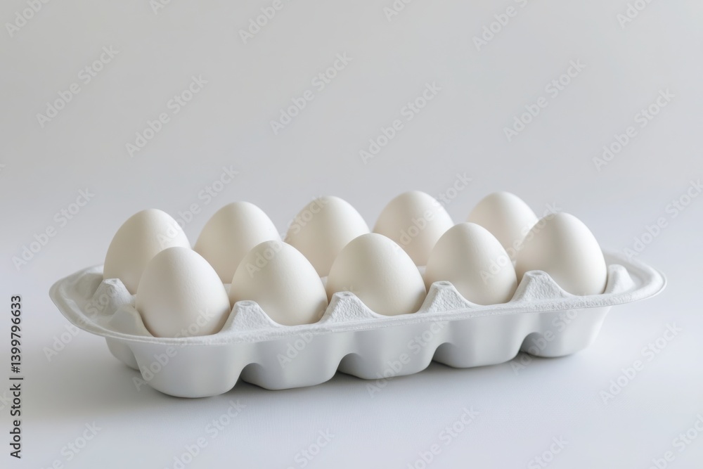Close up view of a carton containing ten white eggs on a light surface Close up view of a carton containing ten white eggs on a light surface