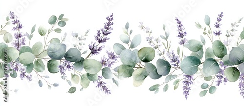 Fototapeta Naklejka Na Ścianę i Meble -  Watercolor lavender eucalyptus border, wedding design, isolated white