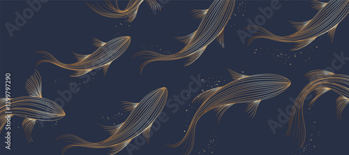Elegant abstract line art on light background. Luxury hand drawn with gold line koi fish. Shining lines design for wallpaper, banner, prints, covers, wall art, home decor.