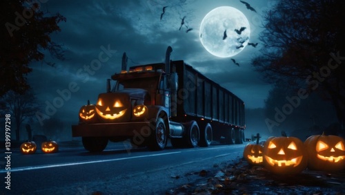 Spooky Halloween Truck with JackOLantern Faces Driving at Night Through Graveyard Atmosphere with Full Moon