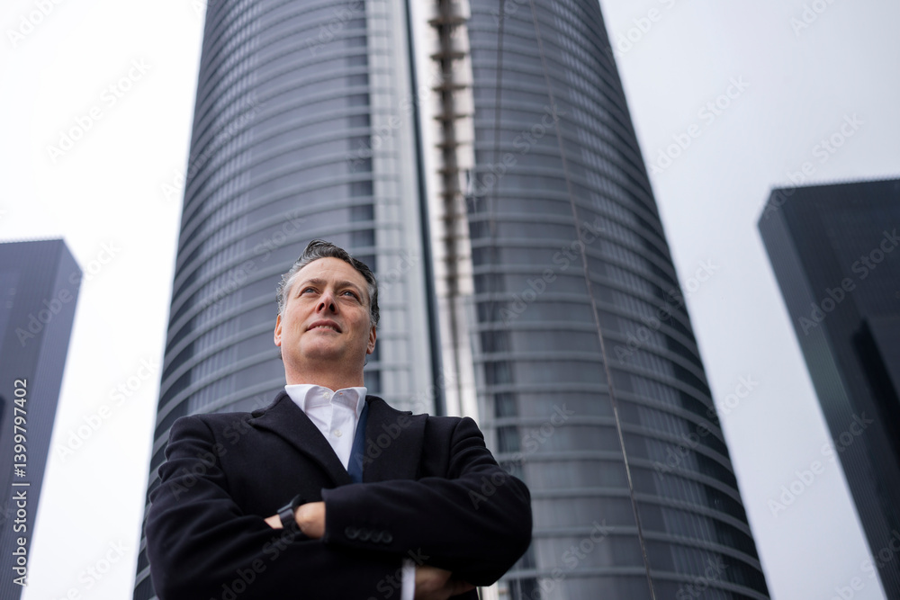 Confident businessman posing with arms crossed in front of a skyscraper Confident businessman posing with arms crossed in front of a skyscraper