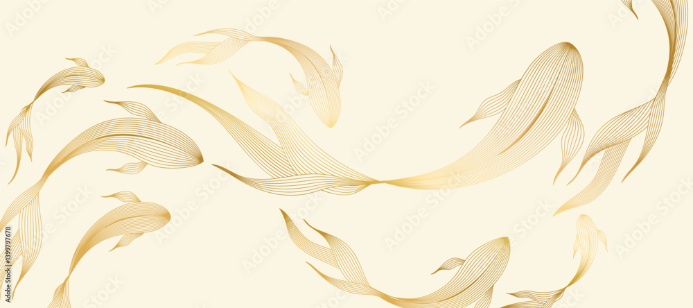 Fototapeta Elegant abstract line art on light background. Luxury hand drawn with gold line koi fish. Shining lines design for wallpaper, banner, prints, covers, wall art, home decor.