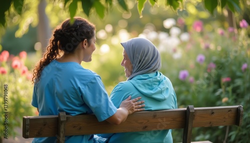 A warm scene captures a caregiver in blue scrubs gently comforting an elderly woman in a hijab, both seated on a bench surrounded by blooming flowers. This heartfelt interaction radiates love and